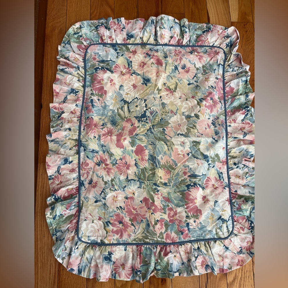 Vintage Croscill Floral Cottage Pink Yellow Blue Trim Ruffle Pillow Sham
